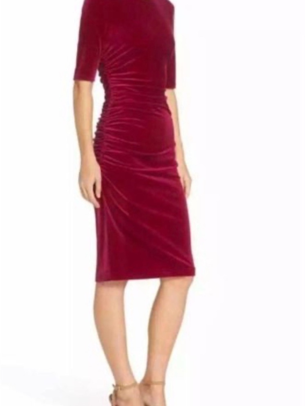 Vince Camuto Pink Velvet Ruched Midi Dress